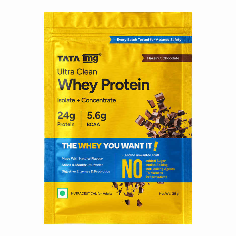 Tata 1mg Ultra Clean Whey Protein | 24g Protein, 5.6g BCAA | Hazelnut Chocolate | 1 Sachet