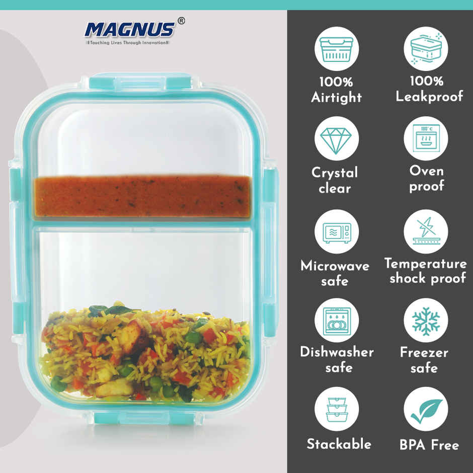 Magnus Glock 580 ml Divider Green Container with Airtight Lid & Detachable Lock, Borosilicate Glass