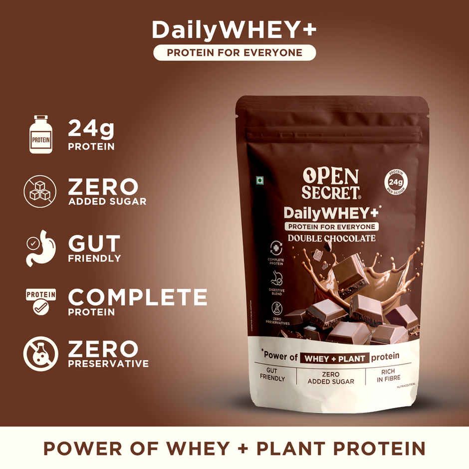 Open Secret Whey+ Protein - Double Chocolate Flavour | 24g Protein Per Scoop