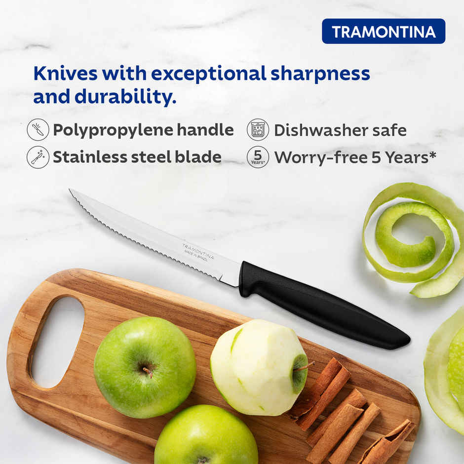 Tramontina Plenus Stainless Steel Fruit Knife/, 12cm/4.7 inch | Black | Wavy/Serrated Edge Knife | Polypropylene Handle | Dishwasher Safe | 5 Year Warranty | Made in Brazil