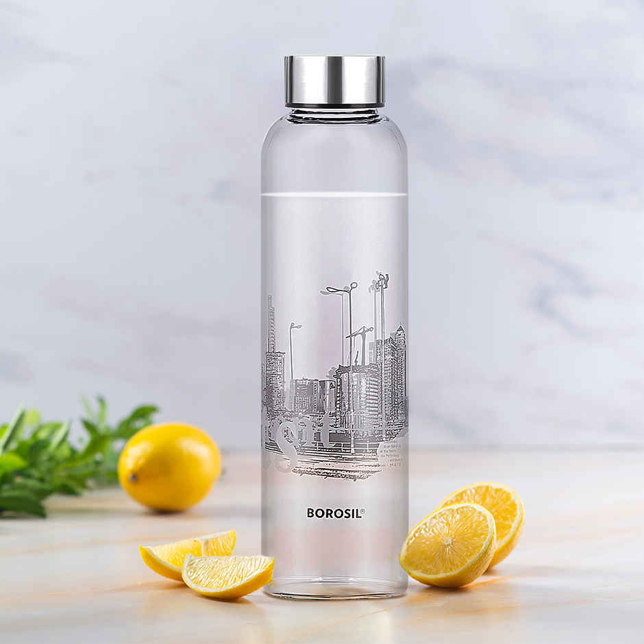 Borosil Roma Narrow Mouth Bottle with Metal Lid Borosilicate Glass Dishwasher Safe