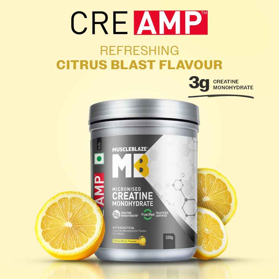 MuscleBlaze Creatine Monohydrate CreAMP with CreAbsorb | 80 Servings | Citrus Blast