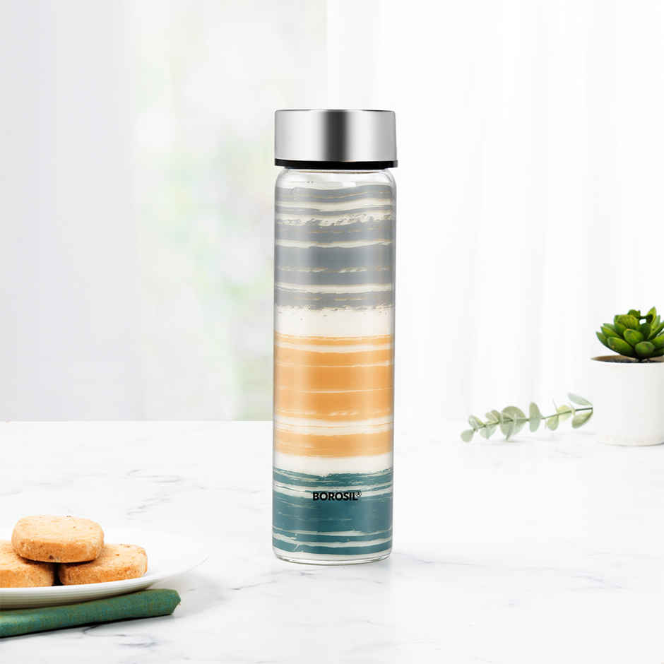 Borosil Glance Wide Mouth Bottle with Metal Lid | Borosilicate Glass | Dishwasher Safe - 550 ml