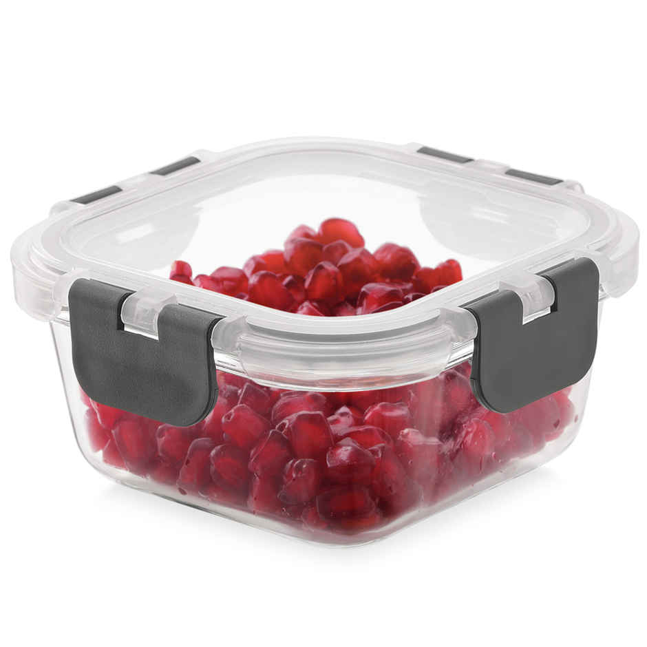 Magnus Glock 320 ml Square Grey Container with Airtight Lid & Detachable Lock, Borosilicate Glass