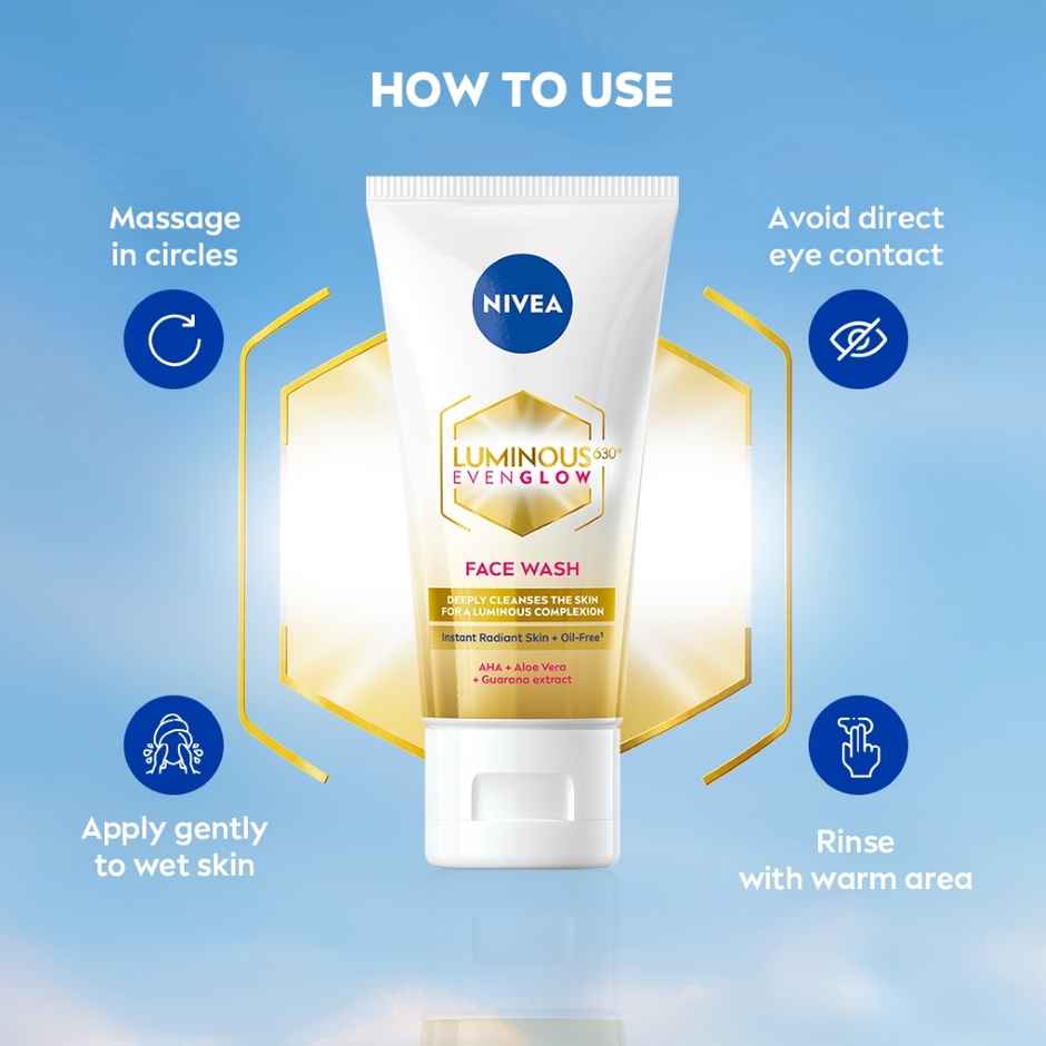 NIVEA Luminous Even Glow Face wash | Oil free formula, AHA, Aloe vera, Guarana Extract | Deep clean