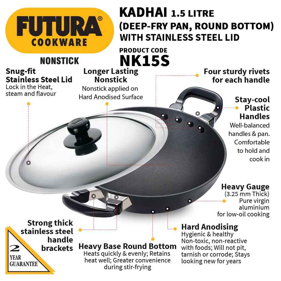 Hawkins Futura 1.5 Litre Non Stick Kadhai With Stainless Steel Lid, Kadhai Black (Nk15S)