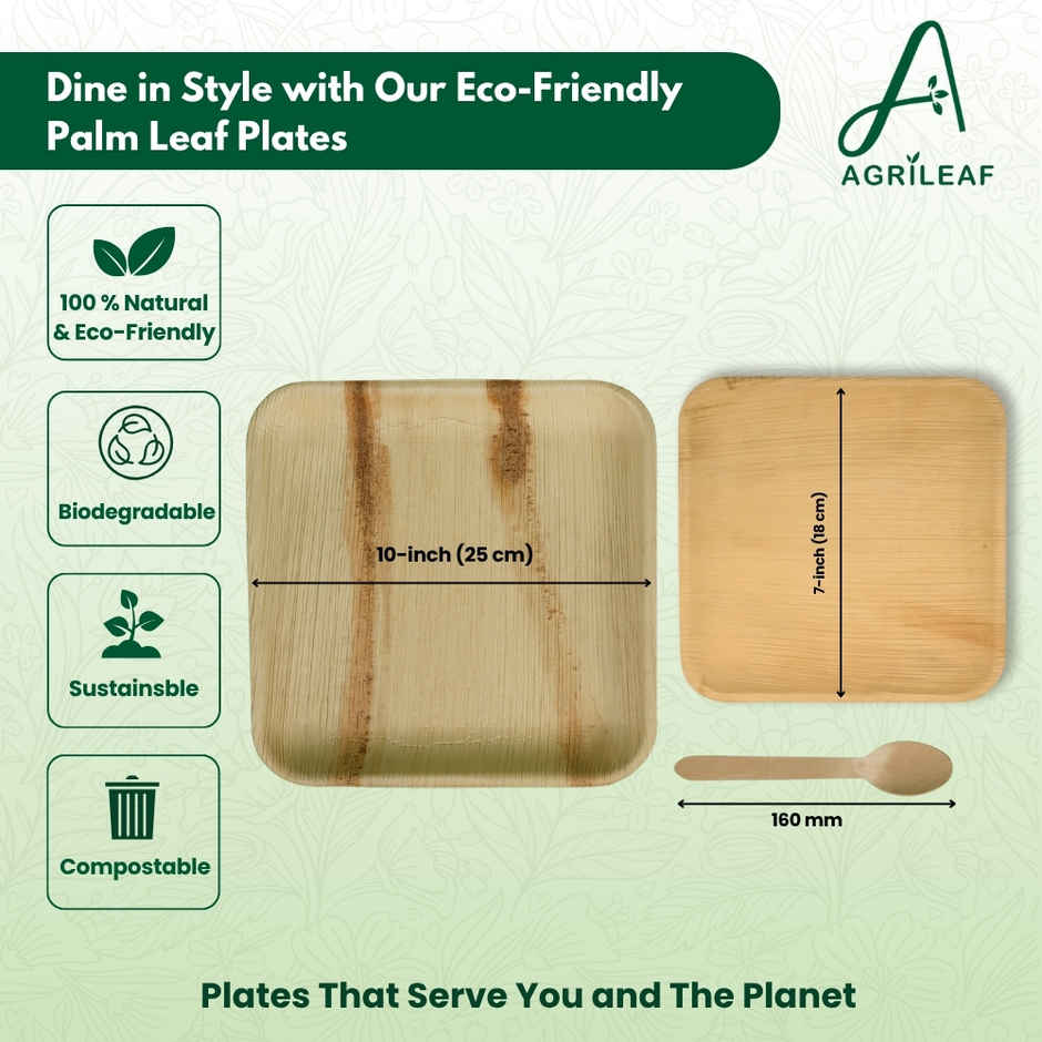 AGRILEAF Square Areca Palm Leaf Disposable Plate Combo | 25.4 & 17.8 cm  Plates  and Spoons | 5 sets