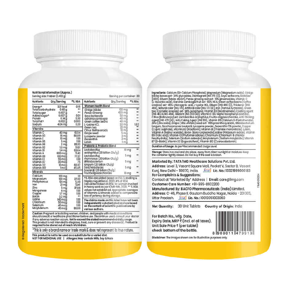 Tata 1mg Womens Multivitamin Veg Tablet Zinc C Calcium D Iron Overall Health Nutrition Enhancer