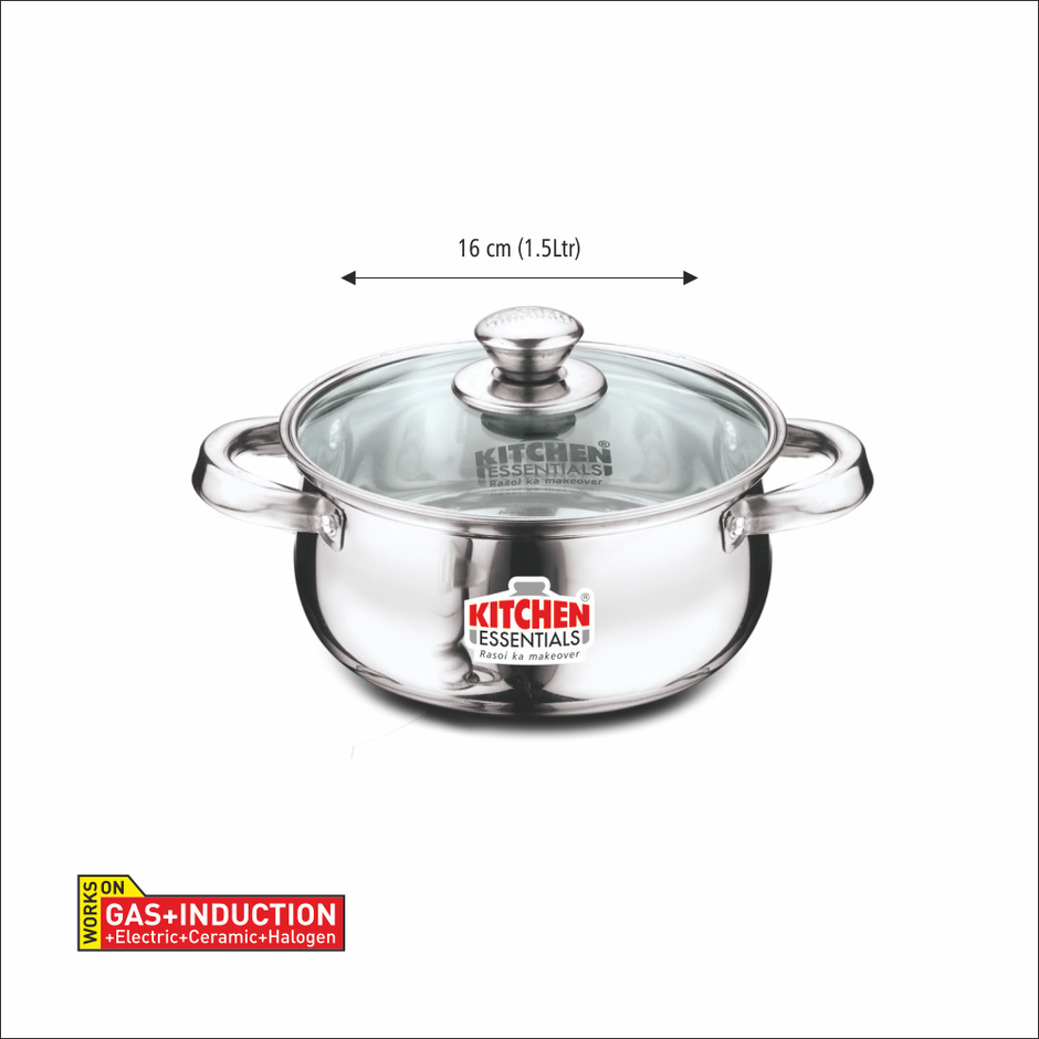Kitchen Essentials Stainless Steel Flat Bottom Tall Belly Casserole With Glass Lid 16Cm (2L)