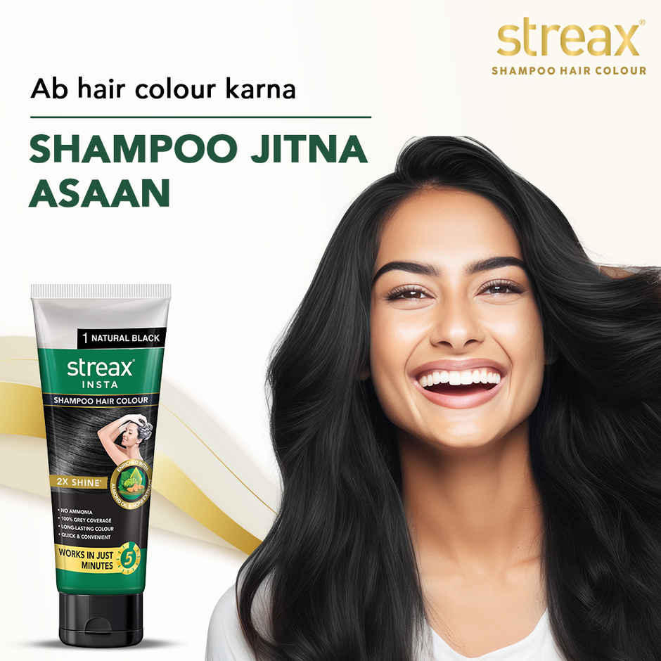 Streax Insta Shampoo Hair Colour - Natural Black, Easy Diy- Squeeze Pack