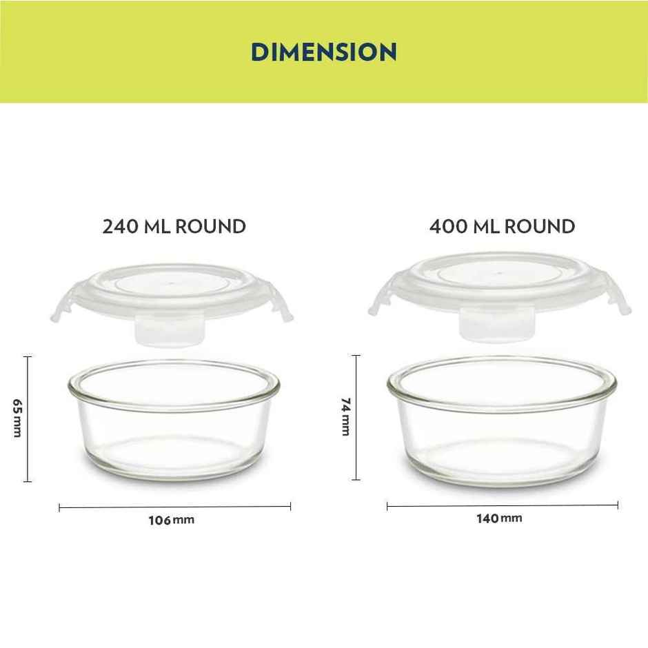 Borosil Alfa Lunchbox | 4 Pcs Glass Set | 240 ml x 2 + 400 ml x 2