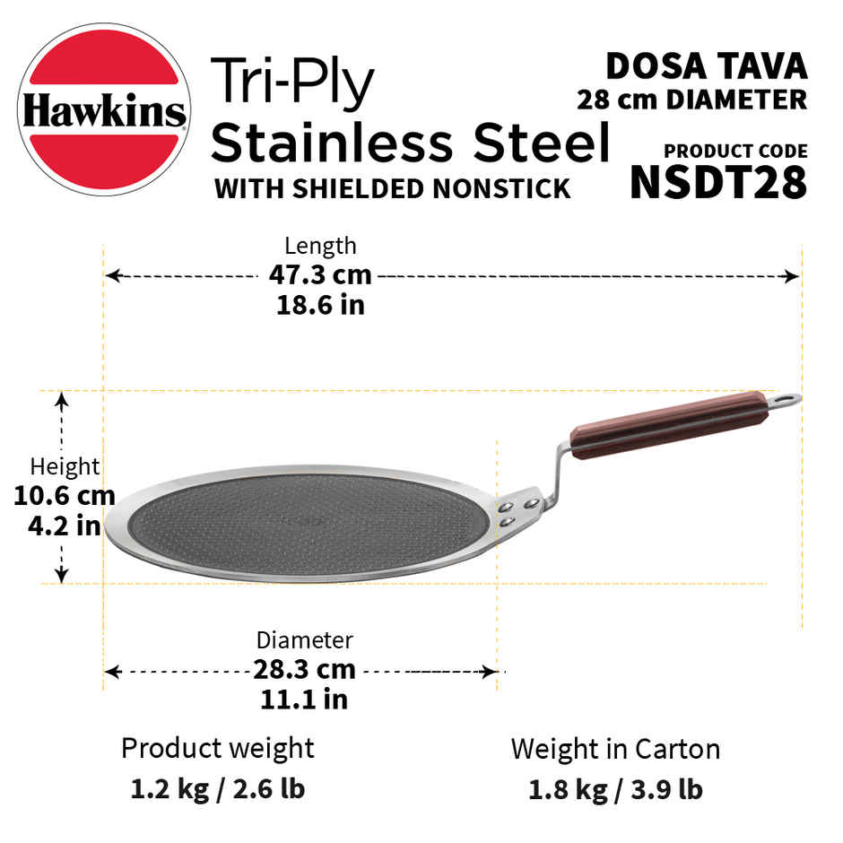 Hawkins Dosa Tawa | 28 cm | Tri-Ply | Non-Stick | Silver | NSDT28