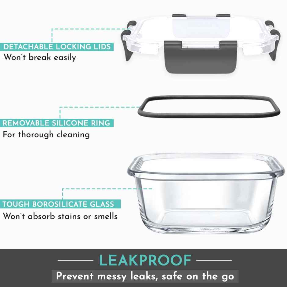 Magnus Glock 520 ml Square Grey Container with Airtight Lid & Detachable Lock, Borosilicate Glass