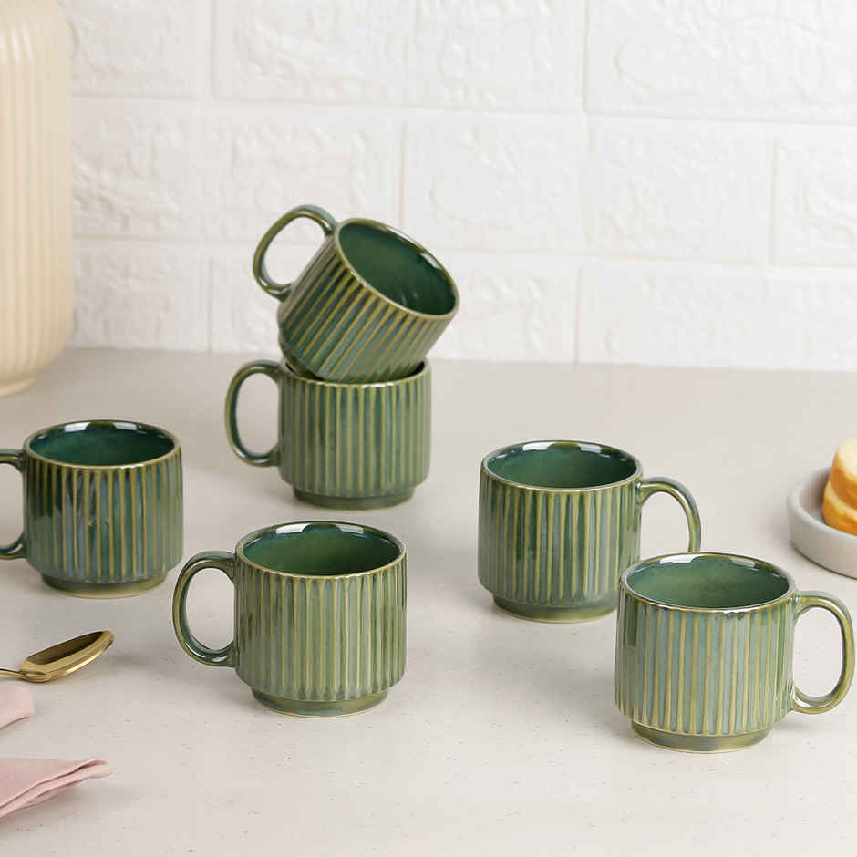 The Earth Store Glam Green Fringe Premium Stackable Ceramic Tea Cup | Green - 160 ml