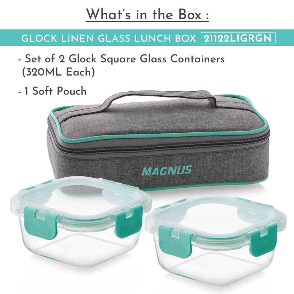 Magnus 320 ml Glock Linen Glass Lunch Box with Flat Pouch and Detachable Clip | 2 Square Containers