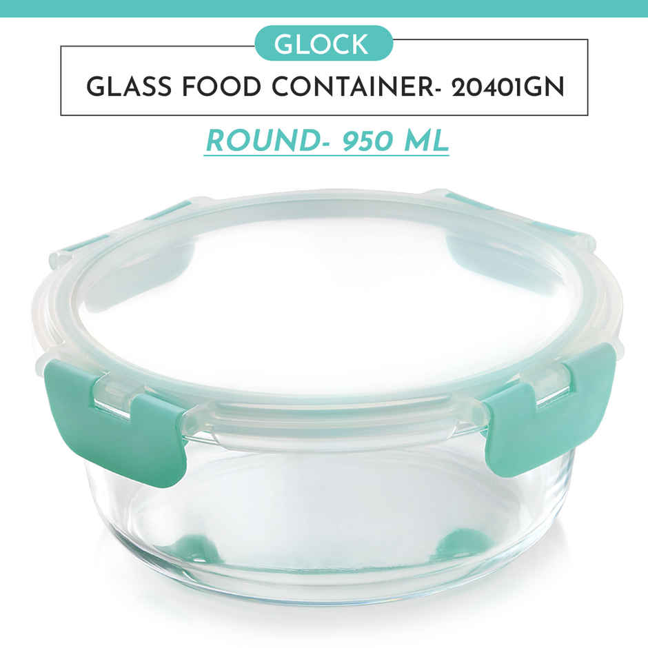 Magnus Glock Round 950 ml Borosilicate Glass Container with Airtight Lid & Detachable Lock | Green