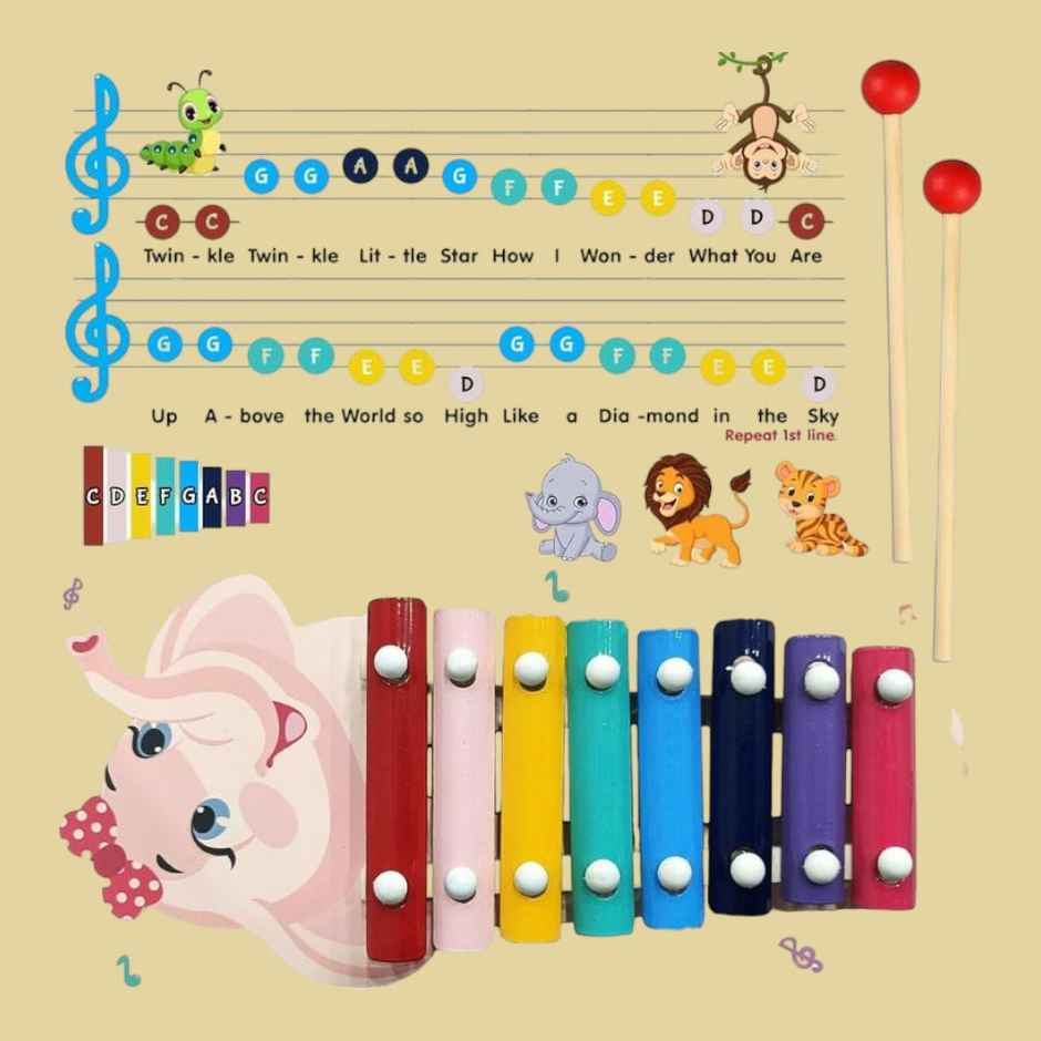 Wembley Wooden Xylophone For Kids Multicolored Key Keyboard Xylophone Piano With 2 Sticks -Elephant