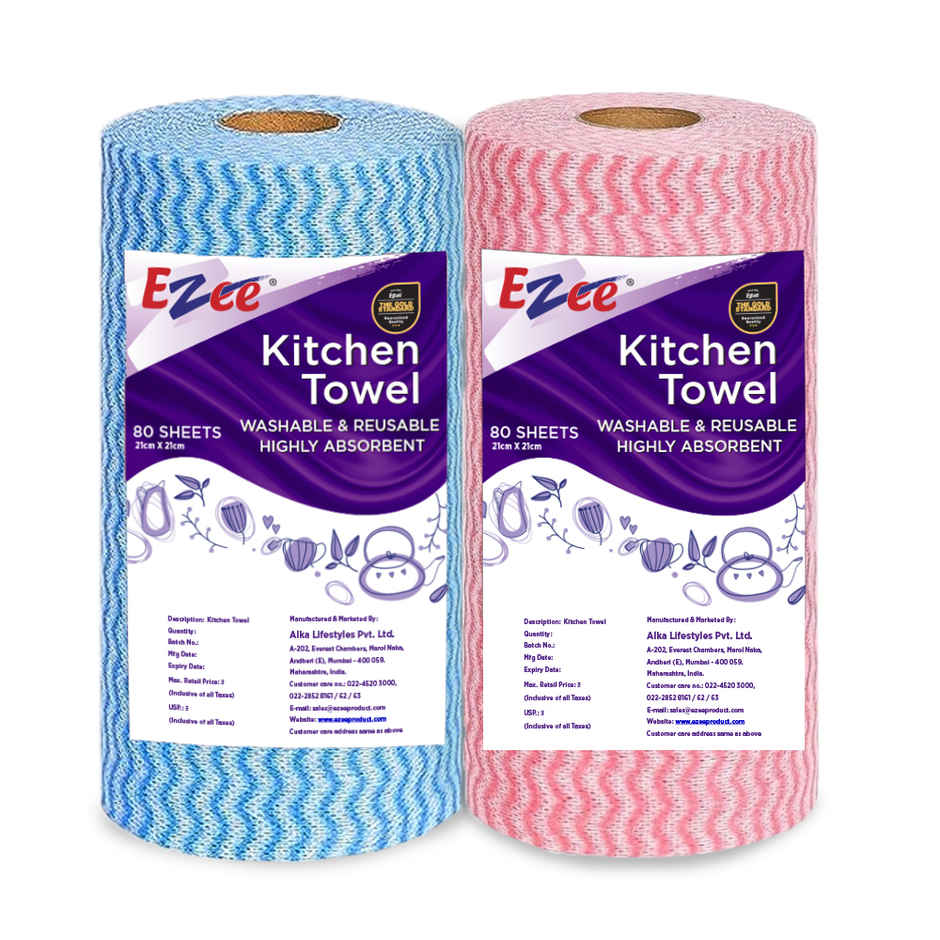 EZEE Non Woven Reusable Kitchen Towel Roll | 80 Pulls Per Roll | Pack of 2 | Assorted