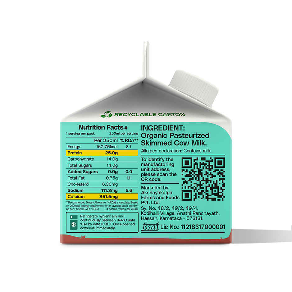 Akshayakalpa Organic High Protein Cow Fresh Milk | 25g Protein | Gable Top Pack
