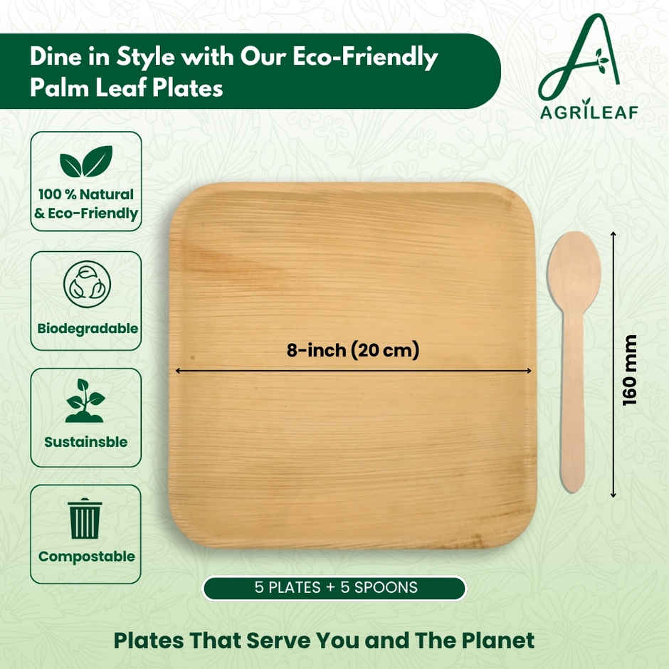 AGRILEAF 8 Inch Square Areca Palm Leaf Disposable Plates with Spoons | 5 Plates + 5 Spoons