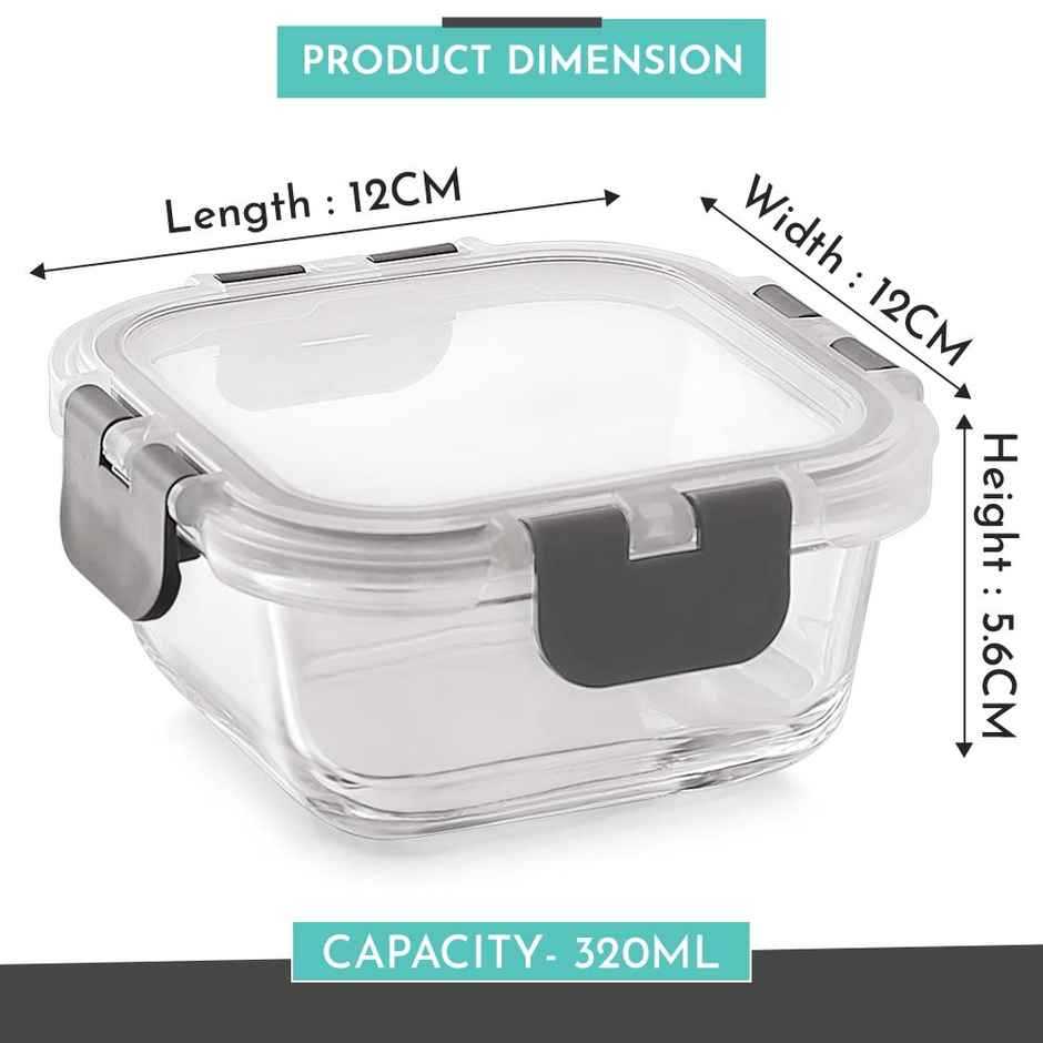 Magnus Glock 320 ml Square Grey Container with Airtight Lid & Detachable Lock, Borosilicate Glass