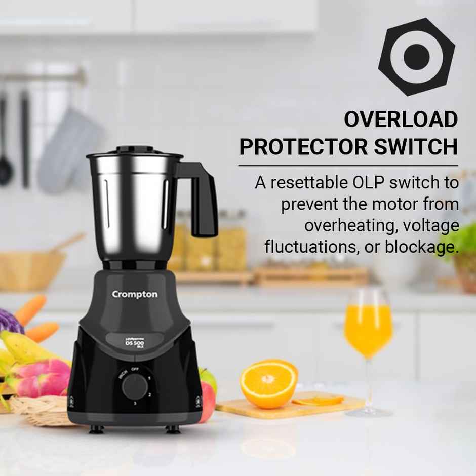 Crompton DS 500 BLK 500-Watt Mixer Grinder with Powertron Motor & Motor Vent-X Technology (3 Stainless Steel Jars)Black & Grey