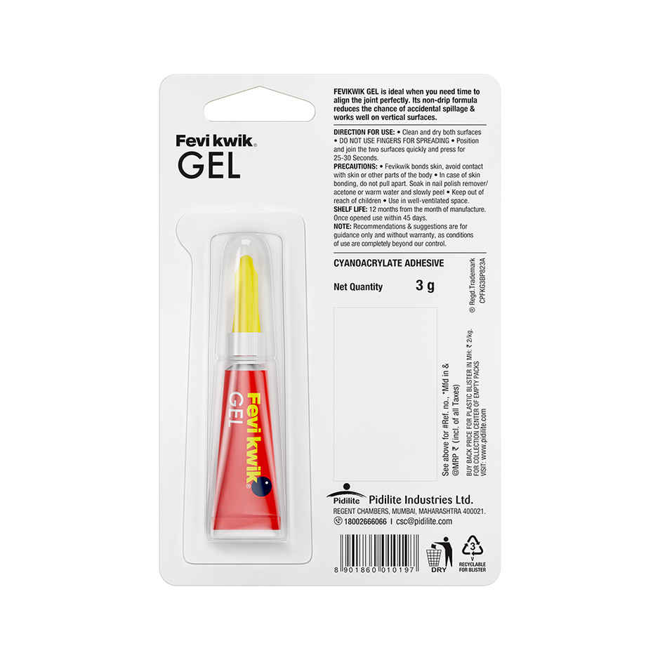 Fevikwik Gel | Instant glue for repair | No spillage | Clear non drip formula | Extra repair time
