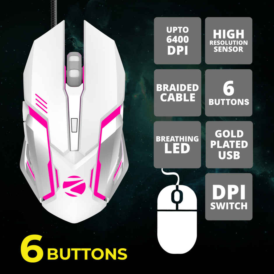 ZEBRONICS Transformer USB Gaming Keyboard & Mouse Combo,Braided Cable,Durable Al Body,Multimedia Keys & Gaming Mouse with 6 Buttons,Multi-Color LED Lights,High-Resolution Sensor with 3200 DPI - White
