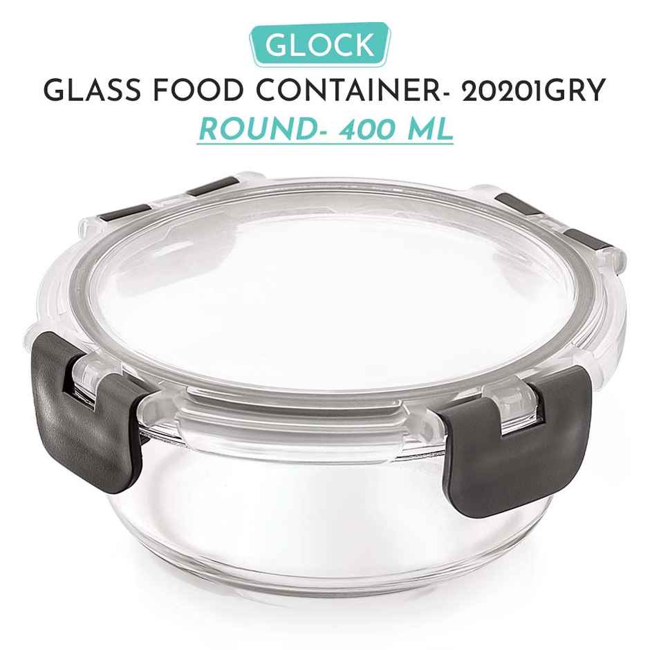 Magnus Glock 400 ml Round Grey Container with Airtight Lid & Detachable Lock, Borosilicate Glass