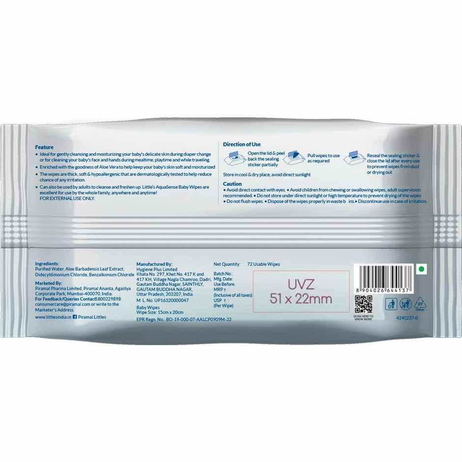 Little's AquaSense Baby Wipes | 100% Biodegradable Aloe Vera Pure Water Wipes for Sensitive Skin
