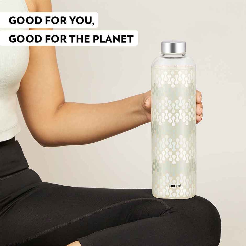 Borosil Vista Narrow Mouth Bottle with Metal Lid Borosilicate Glass Dishwasher Safe