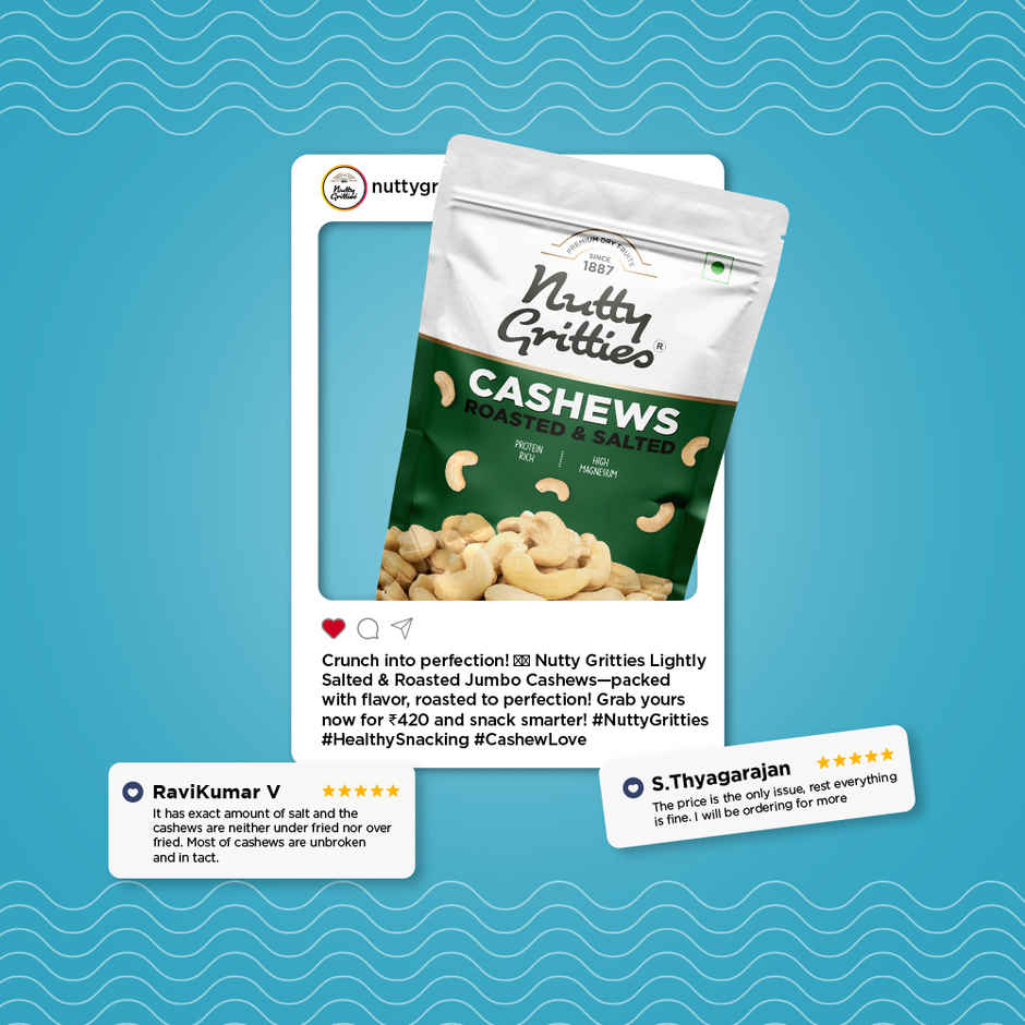 Nutty Gritties Roasted Cashews - Lightly Salted, Zero-Oil, Crunchy