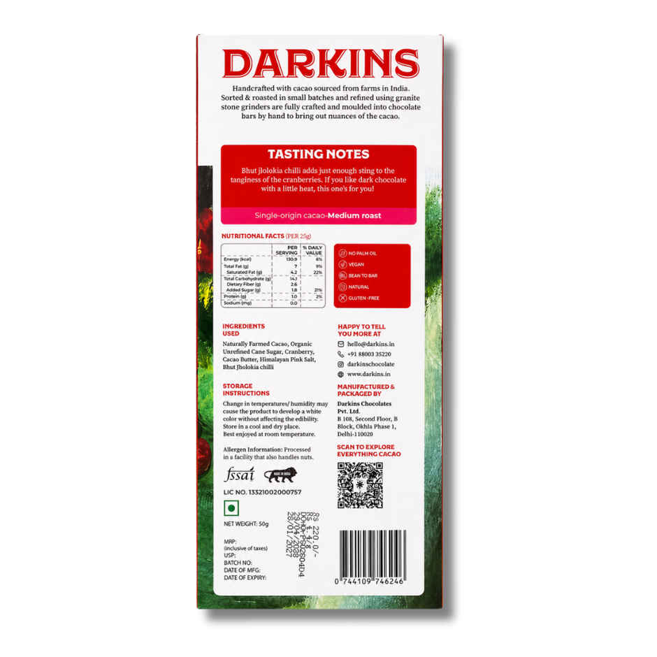 Darkins Indian Artisanal 70% Dark Cranberry & Chilli Chocolate