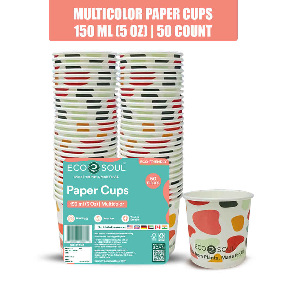 ECO SOUL | Disposable Paper Cups/Glasses | 150 ml | Multi Colour | 50 Count