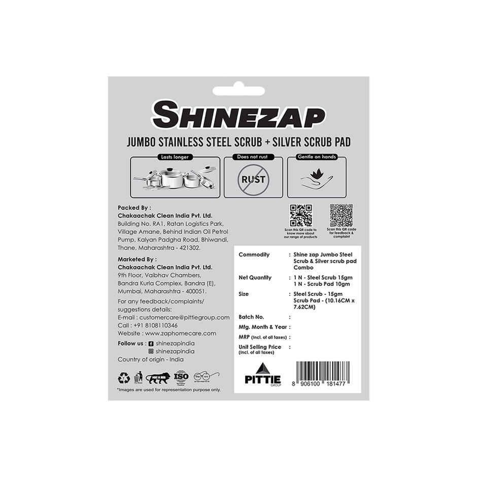 Shinezap 1 Stainless Steel Scrubber (15g) and 1 Scrub pad Combo