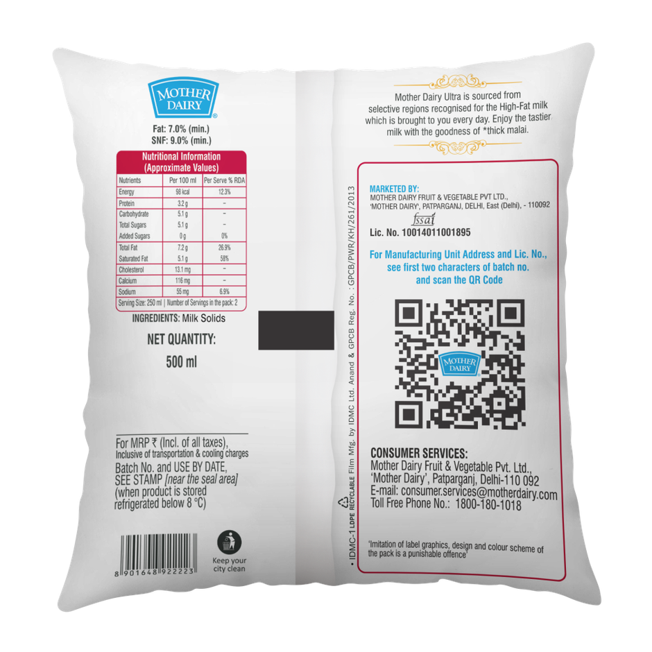 Mother Dairy Ultra Full Cream Fresh Milk | Pouch