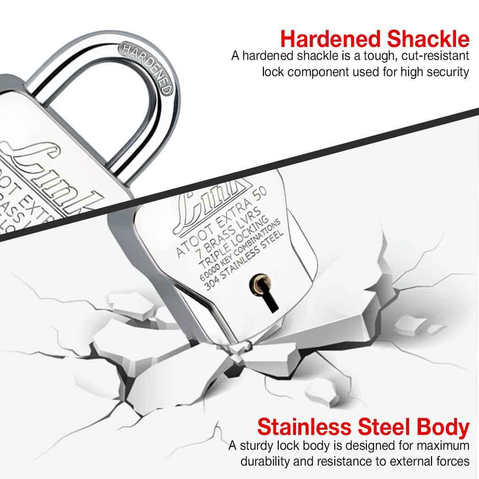 Link Stainless Steel Atoot Extra 50mm Triple Locking Padlock with 3 Keys