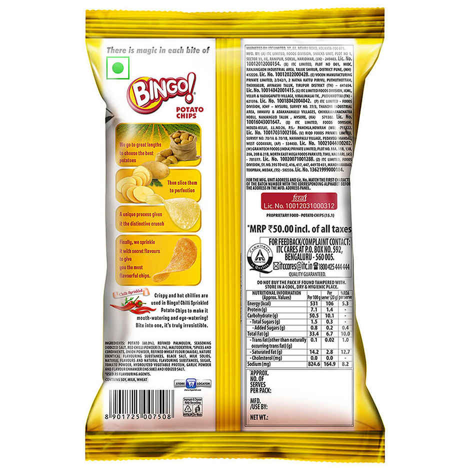 Bingo! Original Style Chilli Sprinkled - Flat Cut Spicy Potato Chips Pack for Snacks Combo 