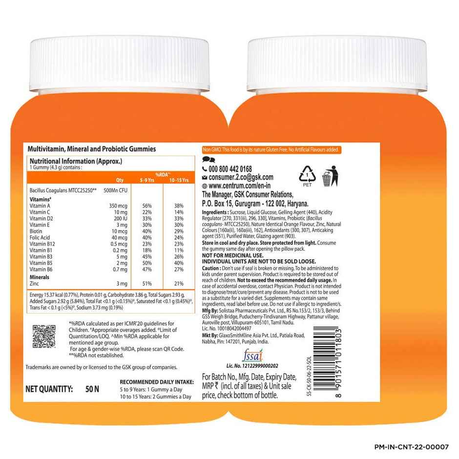 Centrum Kids Multivitamins - Zinc, Vit. B, C, D for Overall Growth & Immunity (50 Veg Gummies)
