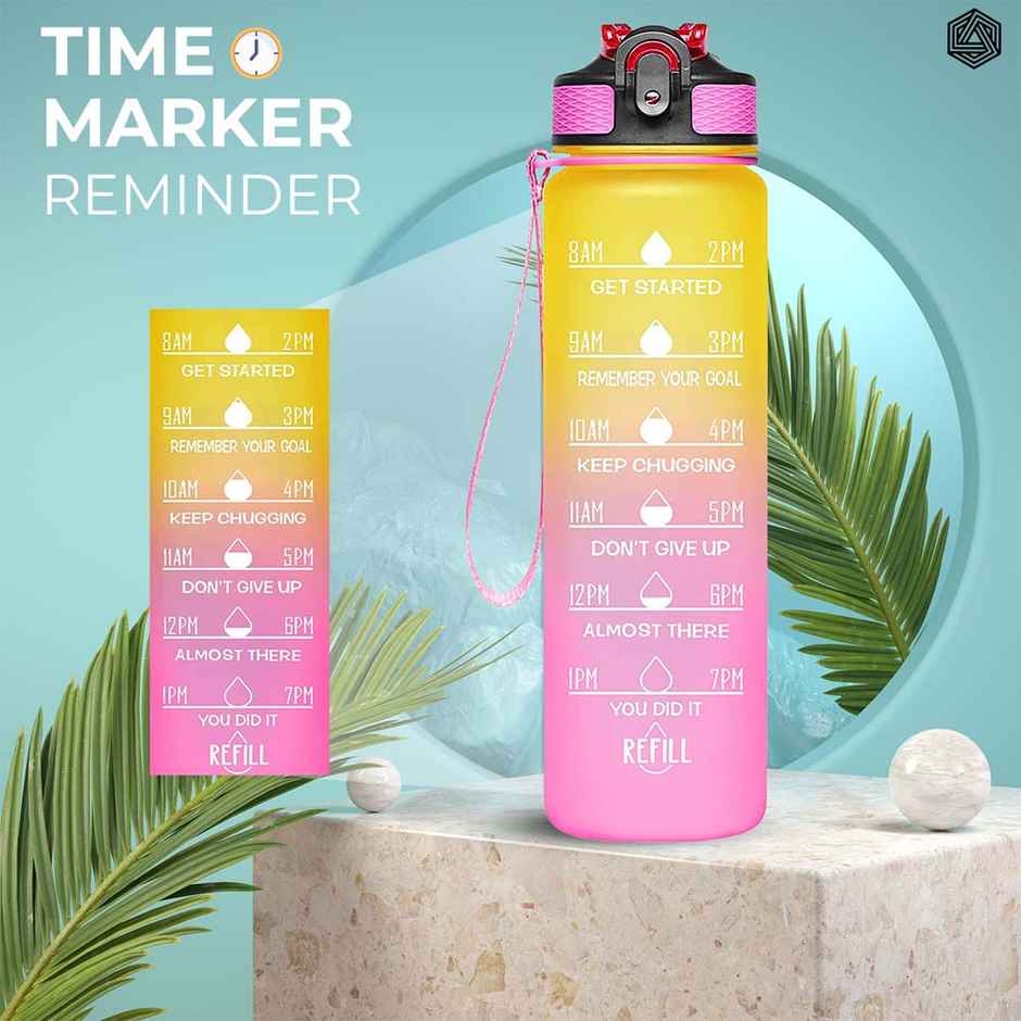Boldfit Water Bottle With Motivational Time Markers 1 Litre | Ombre Yellow Pink
