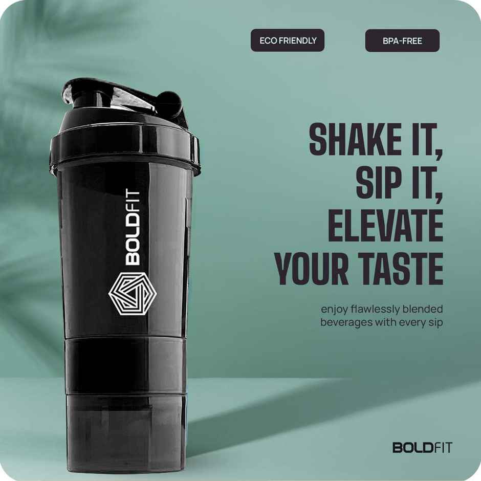 Boldfit Spider Gym Shaker Bottle | 500ml with Dual Storage - Black