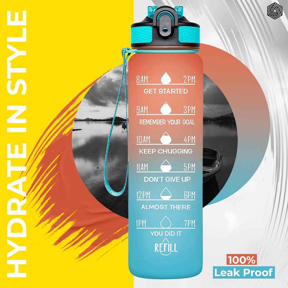 Boldfit Plastic Water Bottle with Motivational Time Markers | Ombre Orange Green | 1 L