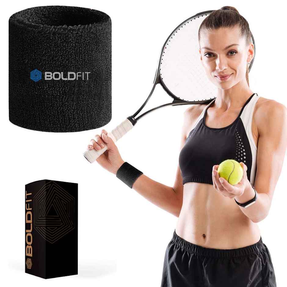 Boldfit Cotton Wrist Bandswat Band For Gym & All Sports - Black