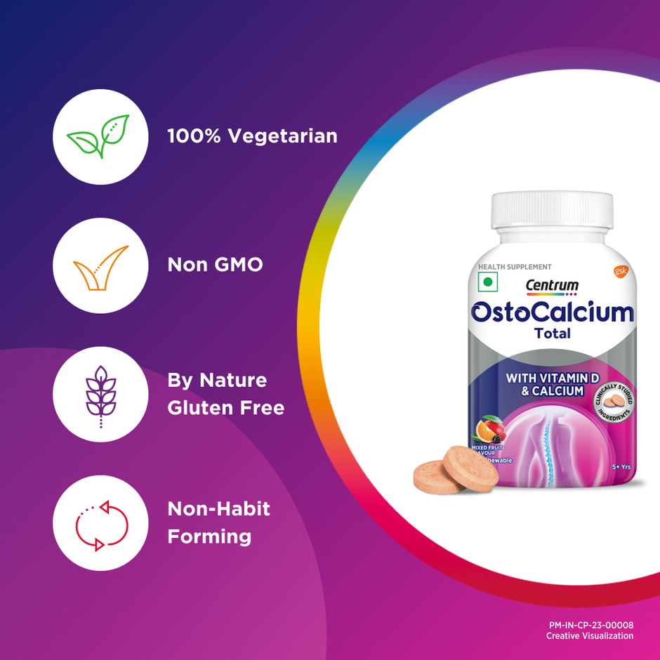 Centrum OstoCalcium Chewable Tablets - Calcium & Vit. D for Strong Bones & Joints (30 Veg Tablets)