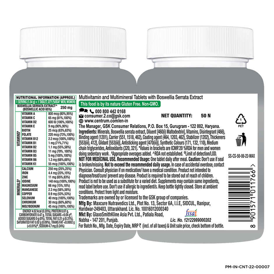 Centrum Multivitamin for 50+ Adults, 23 Vitamins & Minerals (Energy, Immunity, Joints) - 30 Veg Tabs