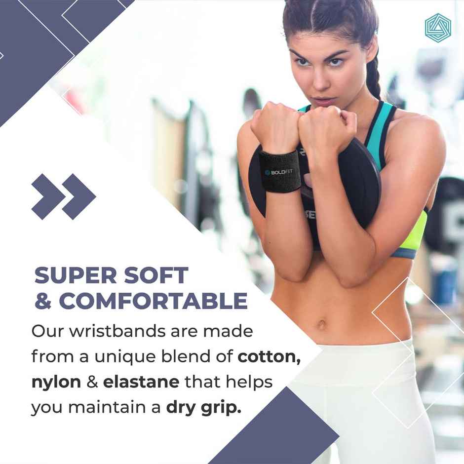 Boldfit Cotton Wrist Bandswat Band For Gym & All Sports - Black