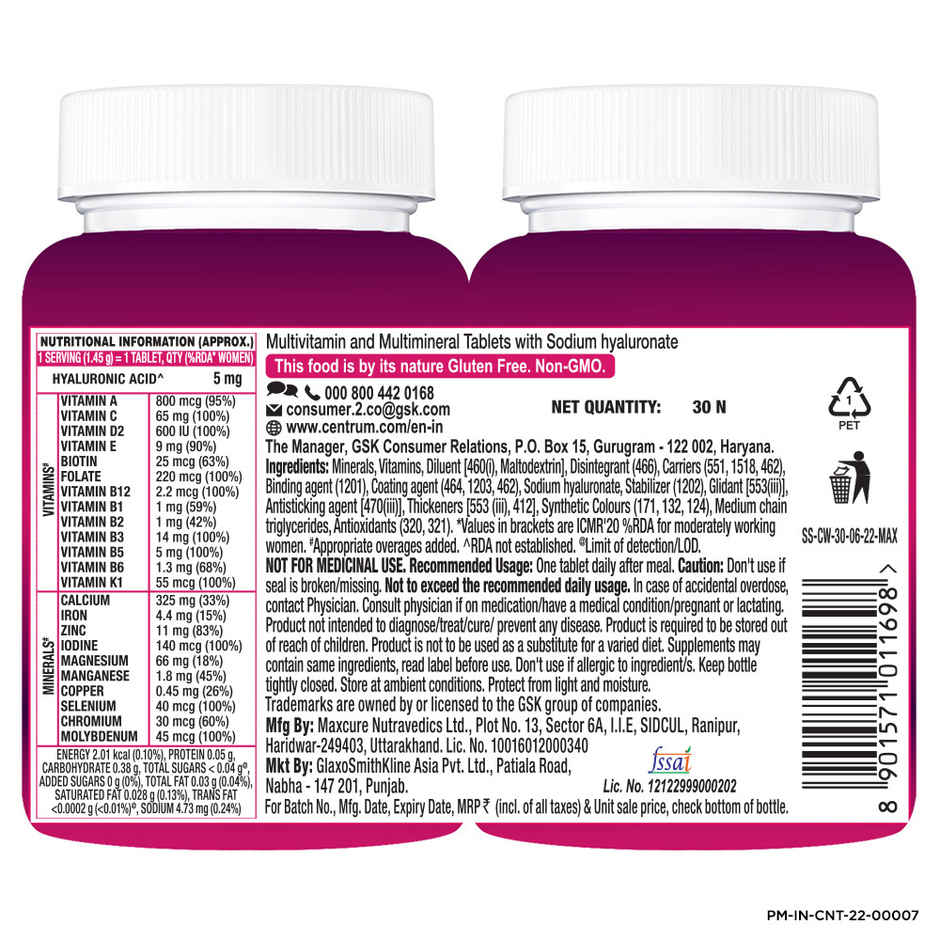 Centrum Women Multivitamins - Vit. B, C, D & more for Energy, Immunity & Radiance (30 Veg Tablets)