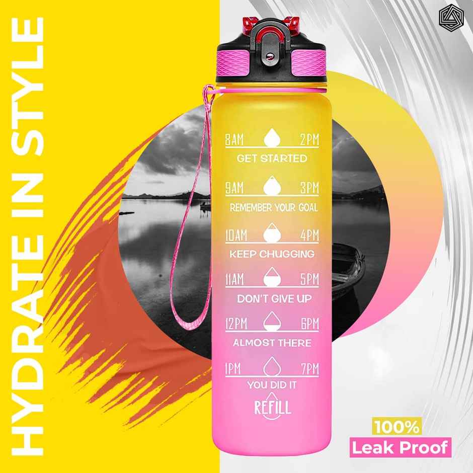 Boldfit Water Bottle With Motivational Time Markers 1 Litre | Ombre Yellow Pink