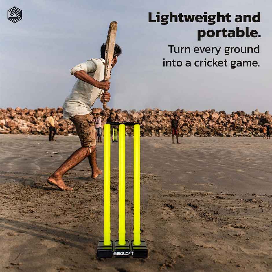 Boldfit Cricket Stumps With Stand & Bails Plastic Wickets - Fluorescent Green