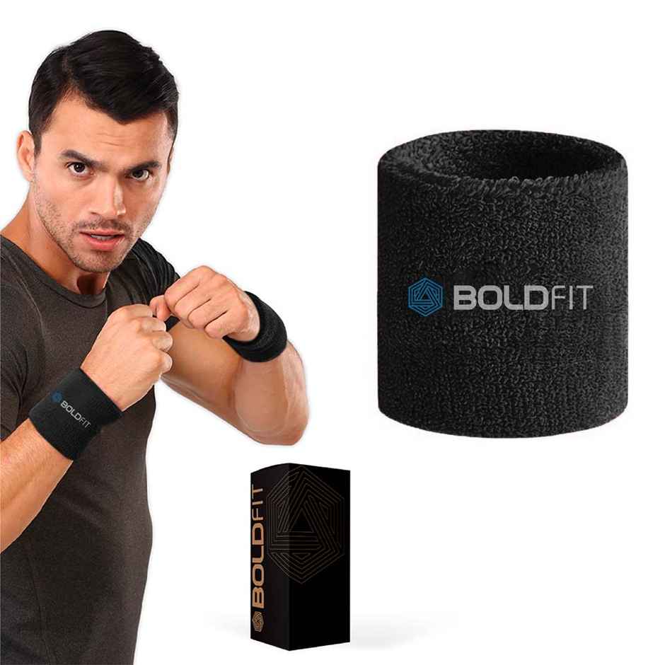 Boldfit Cotton Wrist Bandswat Band For Gym & All Sports - Black